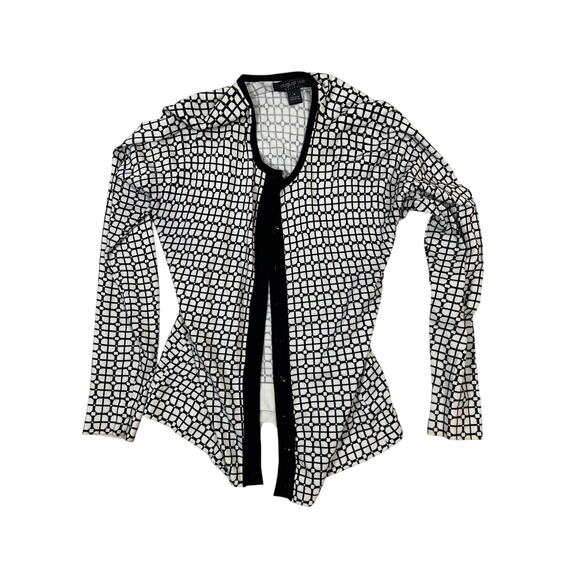 August Silk Cardigan Women’s M Black White Geometric - Picture 1 of 5